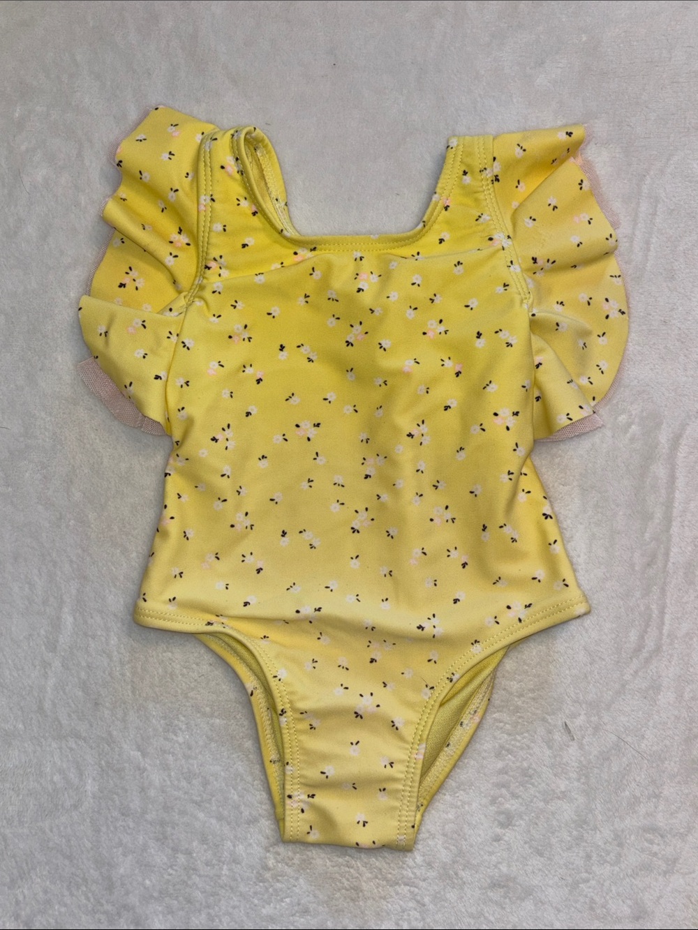 George Yellow Flutter Sleeve Baby Swimsuit with Dainty Floral Print